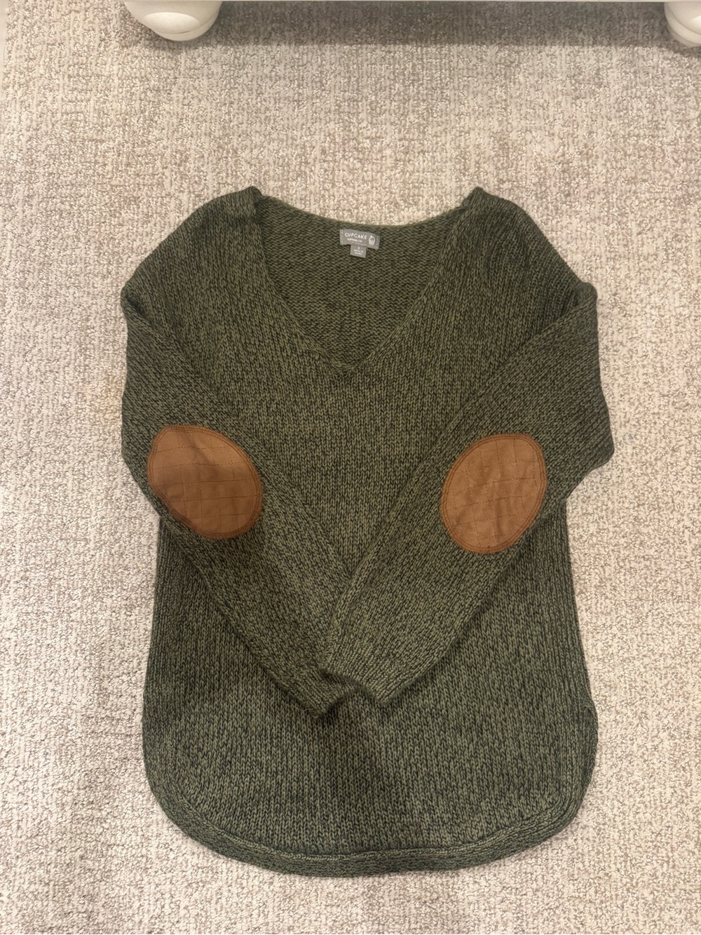 Olive Green V-Neck Sweater with Brown Elbow Patches